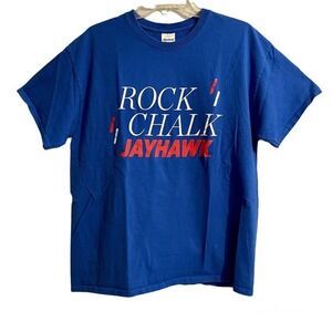 Gildan Large Graphic T Shirt Rock Chalk KU Kansas Jayhawks Blue Ultra Co…